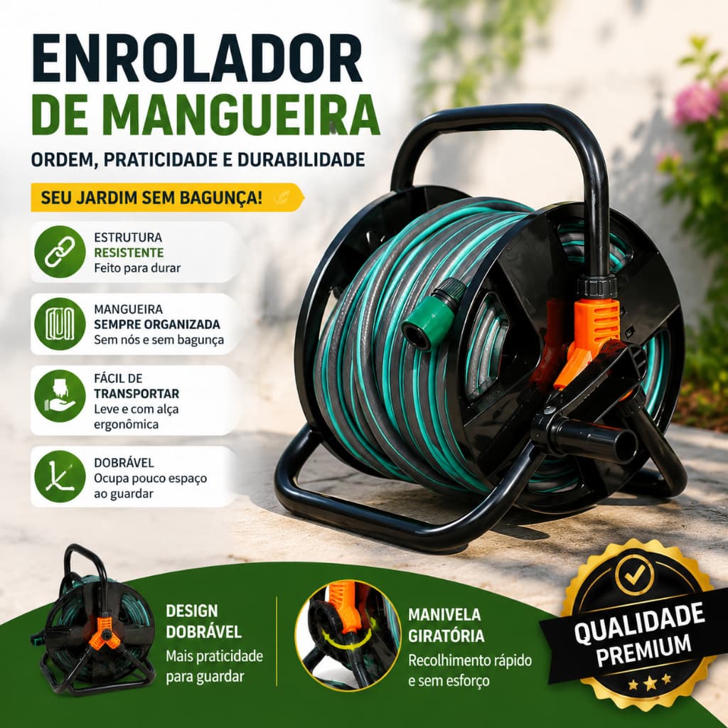 Carretel Enrolador Resistente para Mangueira de Água até 20m com Alça de Transporte, Ideal para Jardim e Limpeza