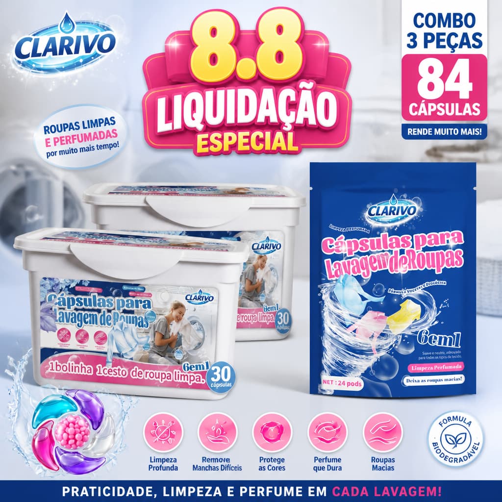 CLARIVO Cápsulas para Lavagem de Roupas 84 Cápsulas Limpeza Profunda Perfume Prolongado Kit