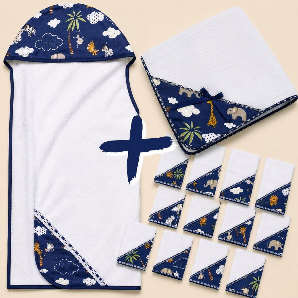 Kit Enxoval Bebê Toalha Capuz + 6 Fraldas de Boca e Ombro + Manta Fralda 100% Algodão