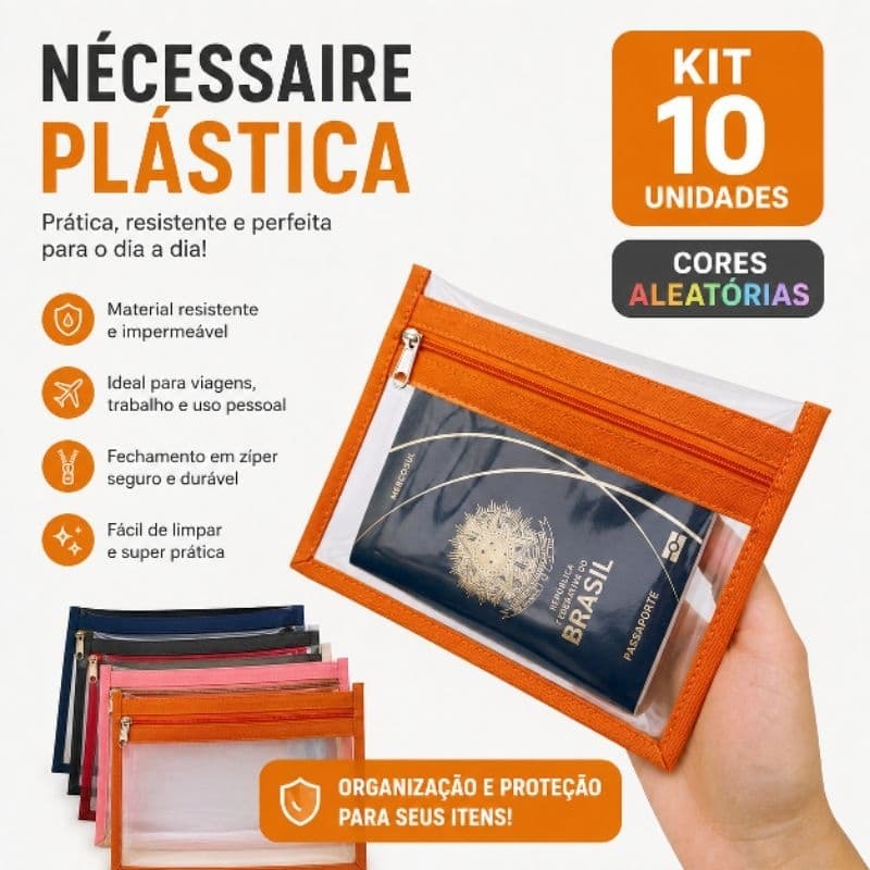 Kit 10 nécessaires plásticas, CORES ALEATÓRIAS/Porta passaporte/Multifuncional.