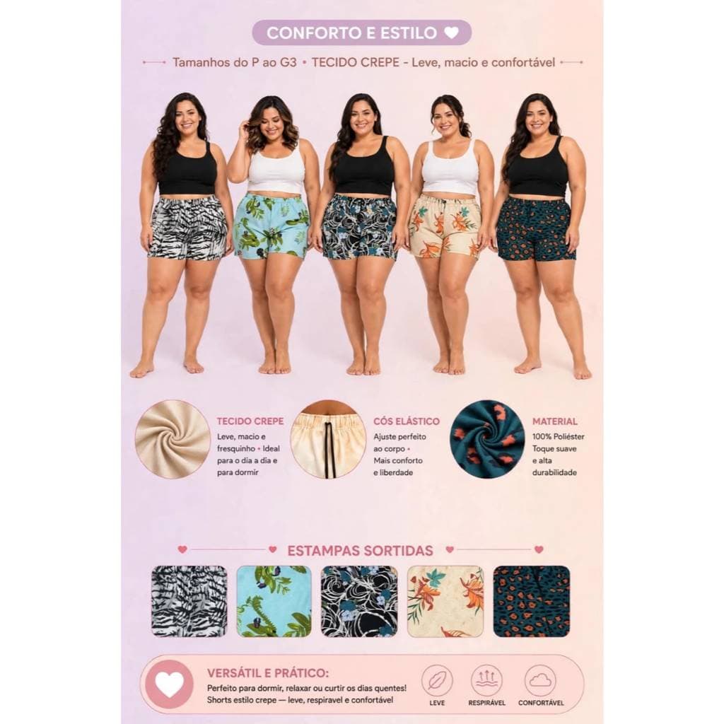 Kit 5 Shorts Plus Size Sortidos Ideal para o dia a dia com Conforto P M G G3