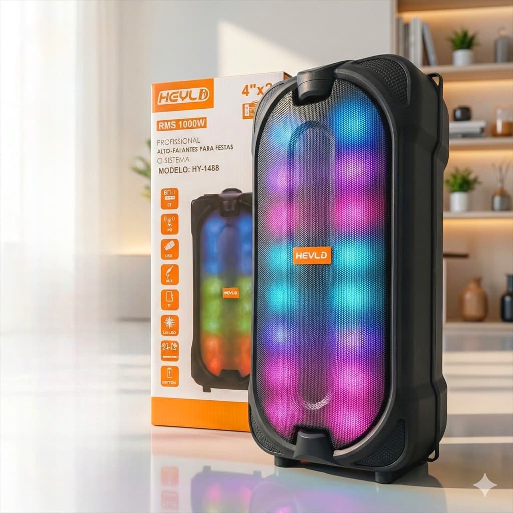 Caixa de Som Bluetooth 1000W Portátil Potente LED RGB TWS FM + Microfone para Festa Viagem Praia
