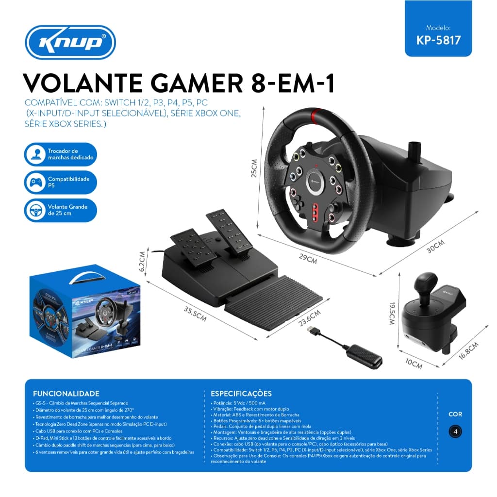 Volante Gamer 8 em 1 com Pedais, Câmbio Manual, Vibração Dupla e Rotação de 270° para PC, PS5, PS4, PS3, Xbox