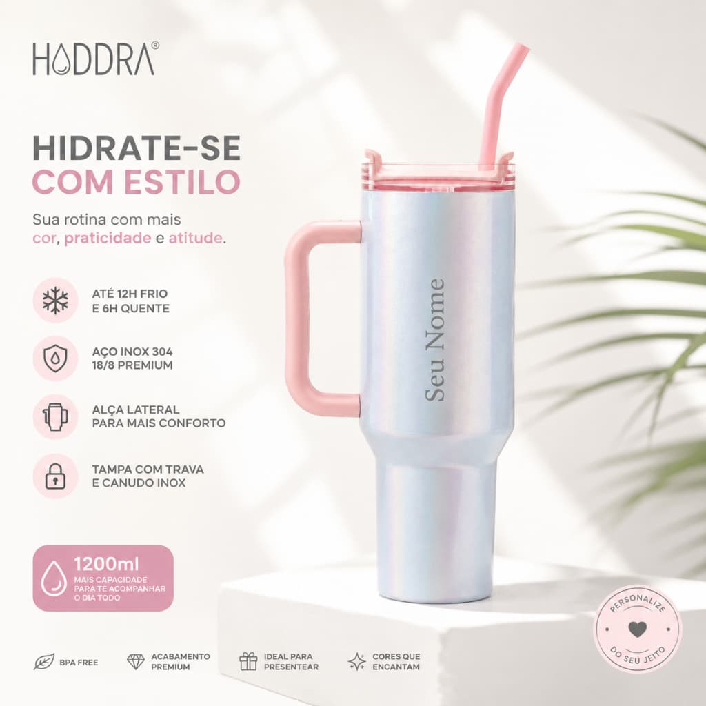 Copo Térmico Perolado Personalizado 1200ml com Nome Canudo e Alça Garrafa Térmica Inox para Academia