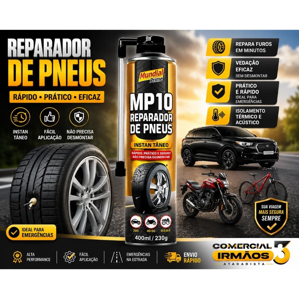 KIT 2 I 1 Reparador Instantâneo de Pneus Veda e Enche SOS Pneu Carro Moto Bike MP10 MUNDIAL PRIME