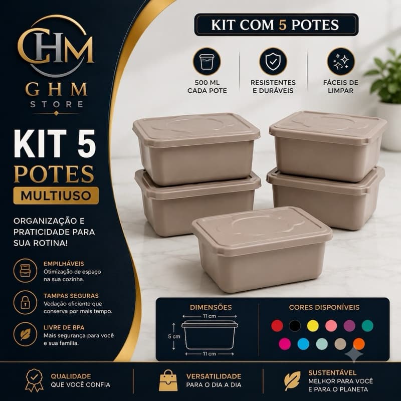 Kit 5 Potes de Mantimento Plástico Cozinha Organizador de Armário Geladeira Hermético