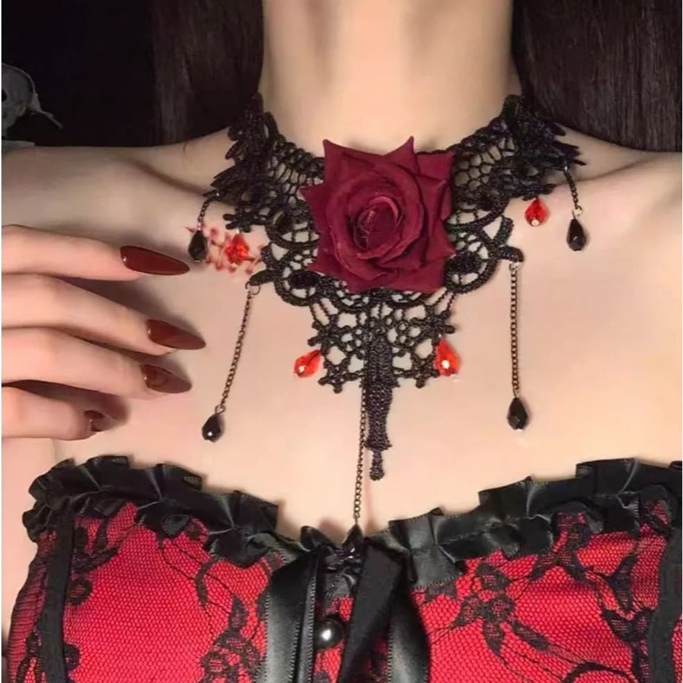 Gargantilha Choker Vampira Com Rosa Halloween
