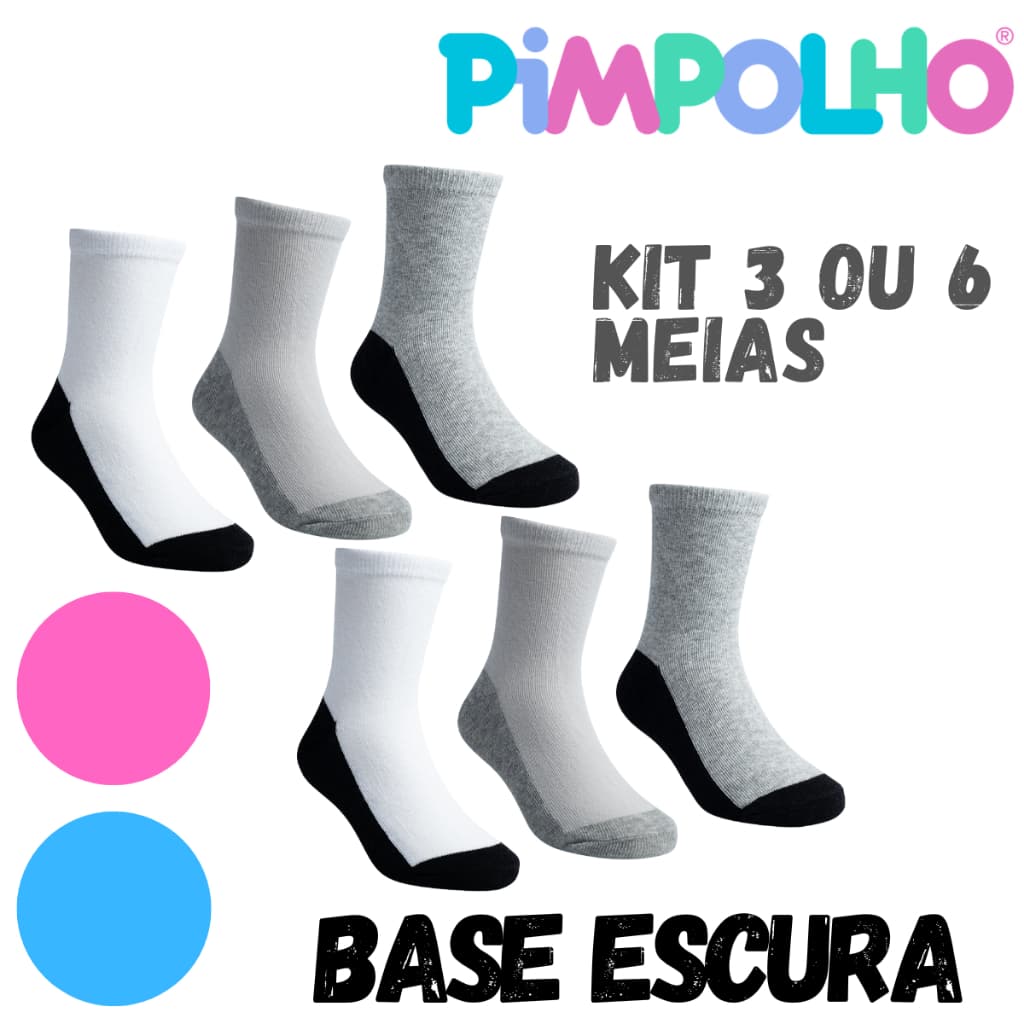 Meia da Pimpolho Número 31-34 Kit com 3 ou 6 Pares de Meias Lisas com Base Escura Idade 07 A 09 Anos