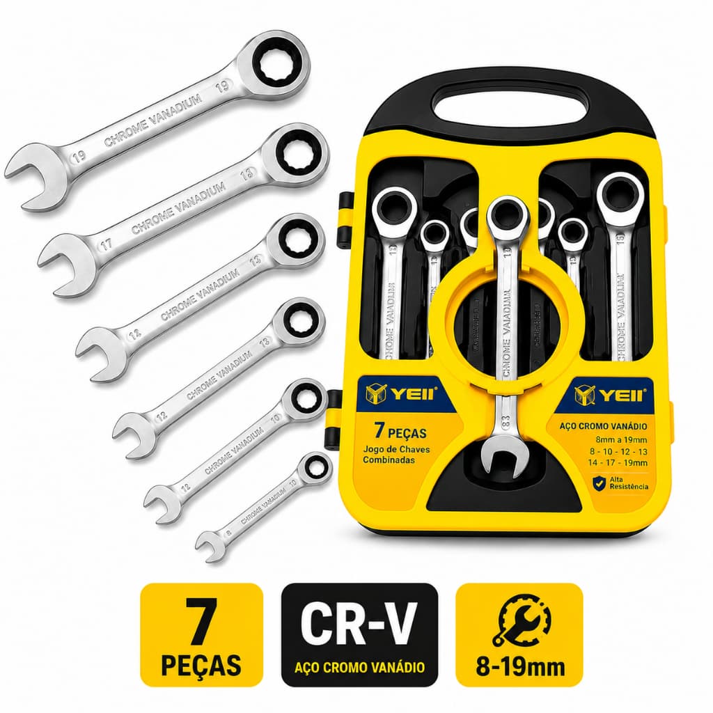 Kit Jogo de Chaves Combinadas com Catraca 7 Peças em Aço Cromo Vanádio (CR-V) 8-19mm Alta Resistência