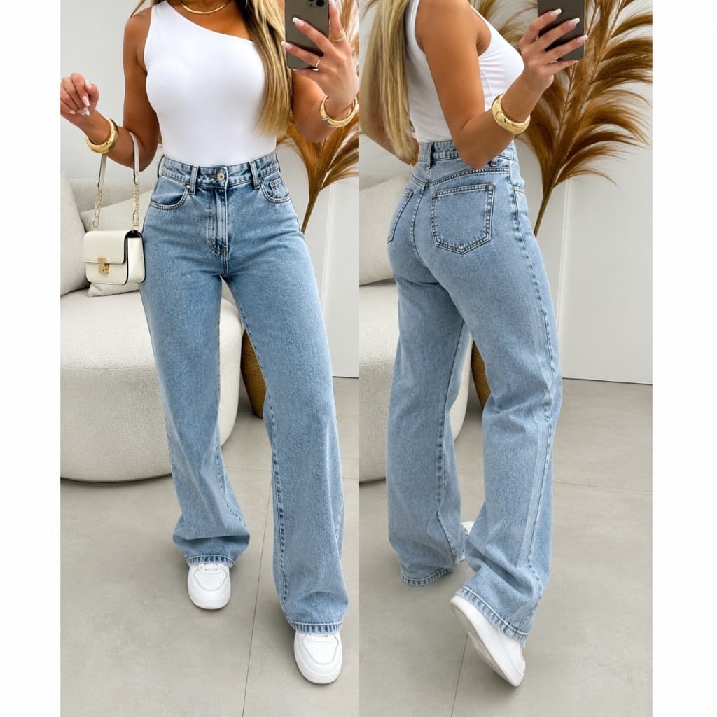 Calça Jeans Wide Leg Gaven Feminina Cintura Alta Tecido Grosso Marmorizado Estilosa