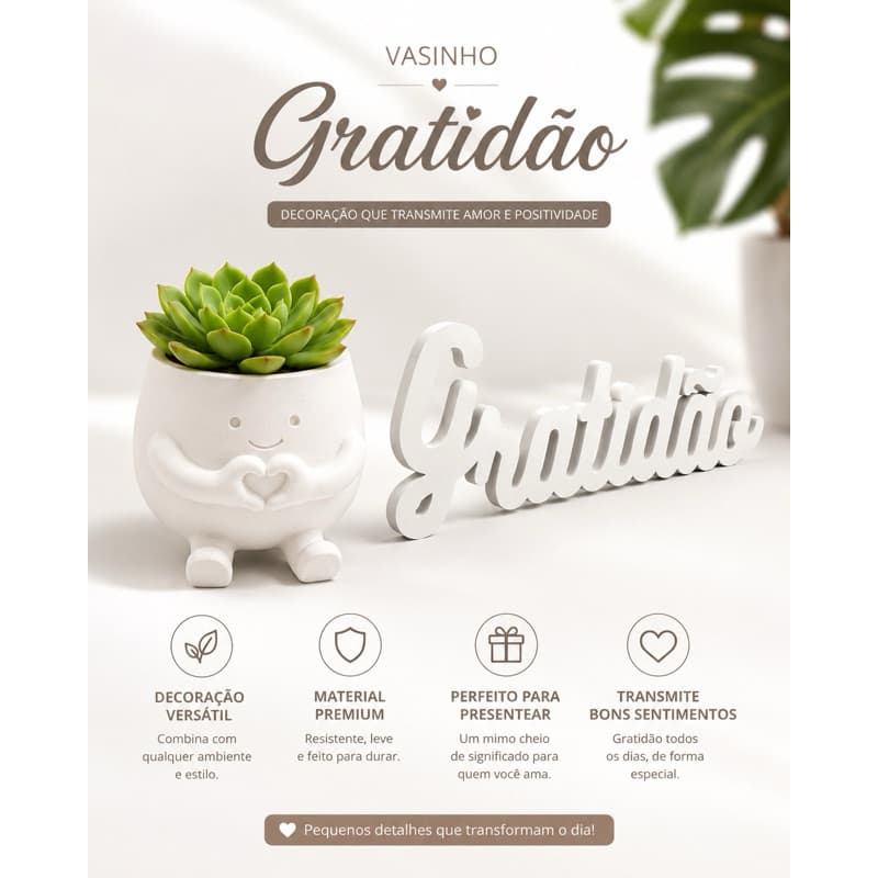 Enfeite Gratidão Vaso Decorativo Boneco  Material Premium Branco