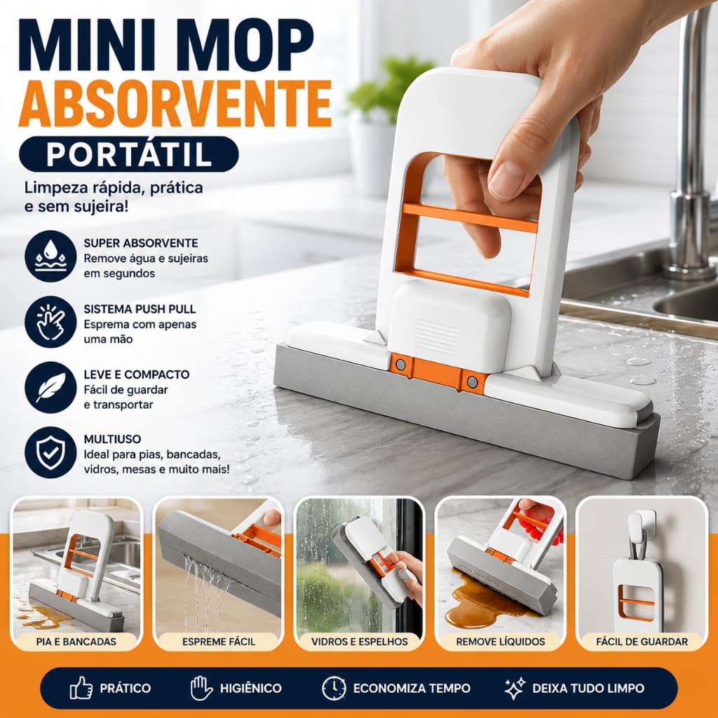 Mini Mop Absorvente Portátil para Pia e Bancada com Esponja PVA – Rodo de Limpeza Compacto p/ Cozinha, Banheiro e Vidros