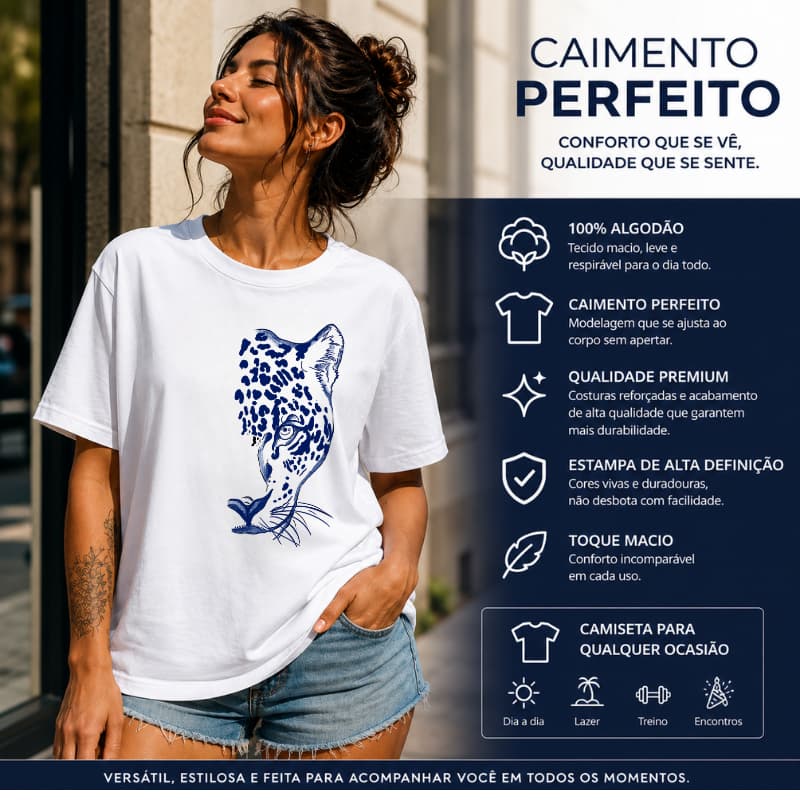 Camiseta Feminina Estampa Onça Delicado E Confortável 100% Algodão