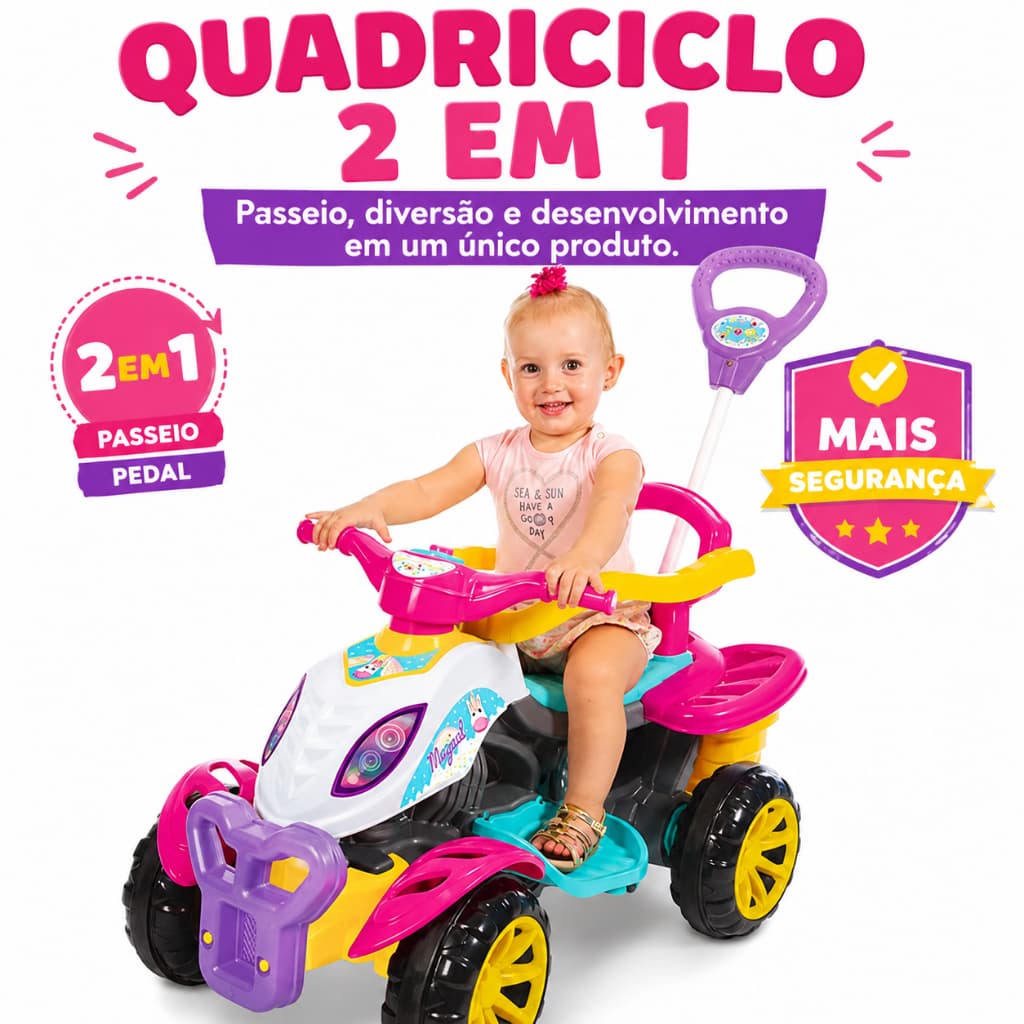 Carrinho de Passeio Quadriciclo Infantil 2 em 1 com Haste Direcionável e Buzina - Colorido Menina