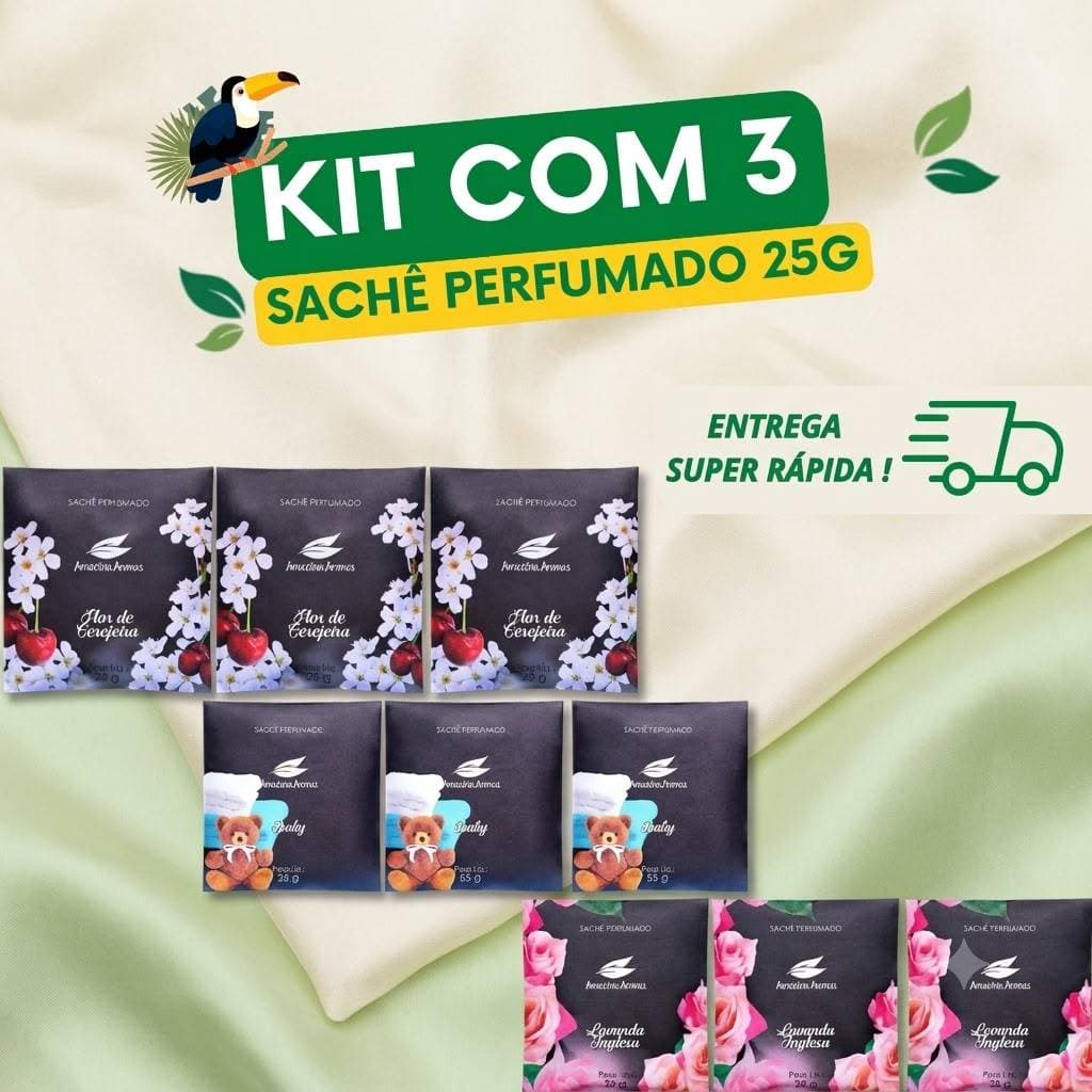 Kit 3 Unidades de Sache Perfumado Para Armários Gavetas Guarda Roupa Amazonia Aromas