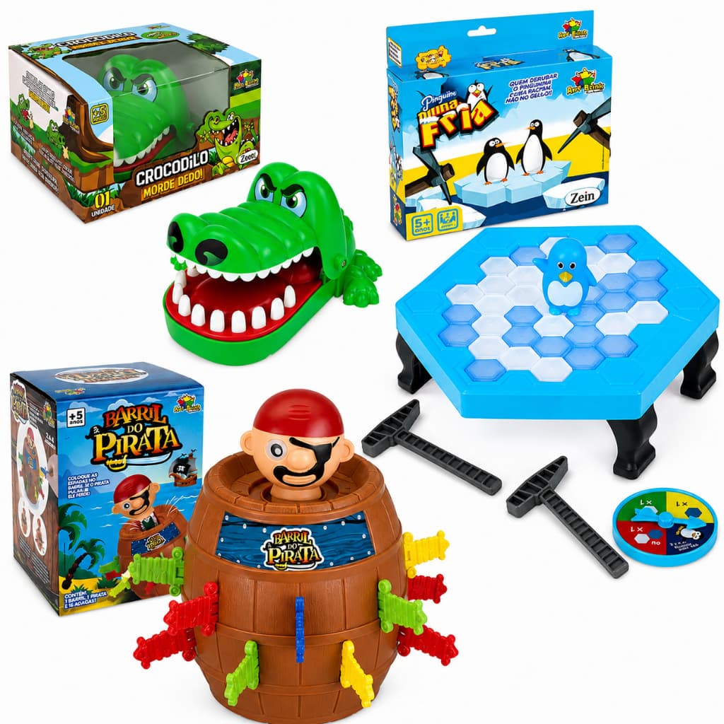 Jogo Crocodilo Jacaré  Morde Dedo + Pinguim Quebra Gelo + Jogo Barril Pula Pirata Com16 Adagas