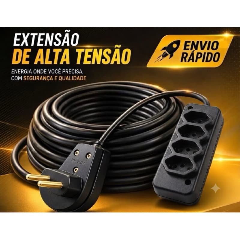 Extensão de Tomada Longa Alta Tensão 10/20 A Cabo Flexível Reforçado 4 Tomadas Bivolt Uso Residencial e Comercial