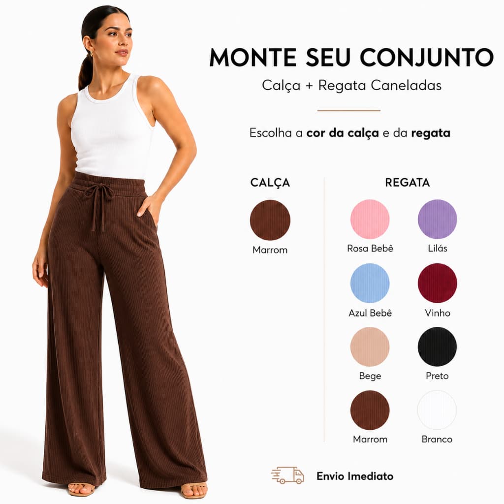 Conjunto Calça Pantalona Regata Larguinho Largo Feminino Trabalho Canelado Moda Verão Calor Feminina Gestante Gravidez