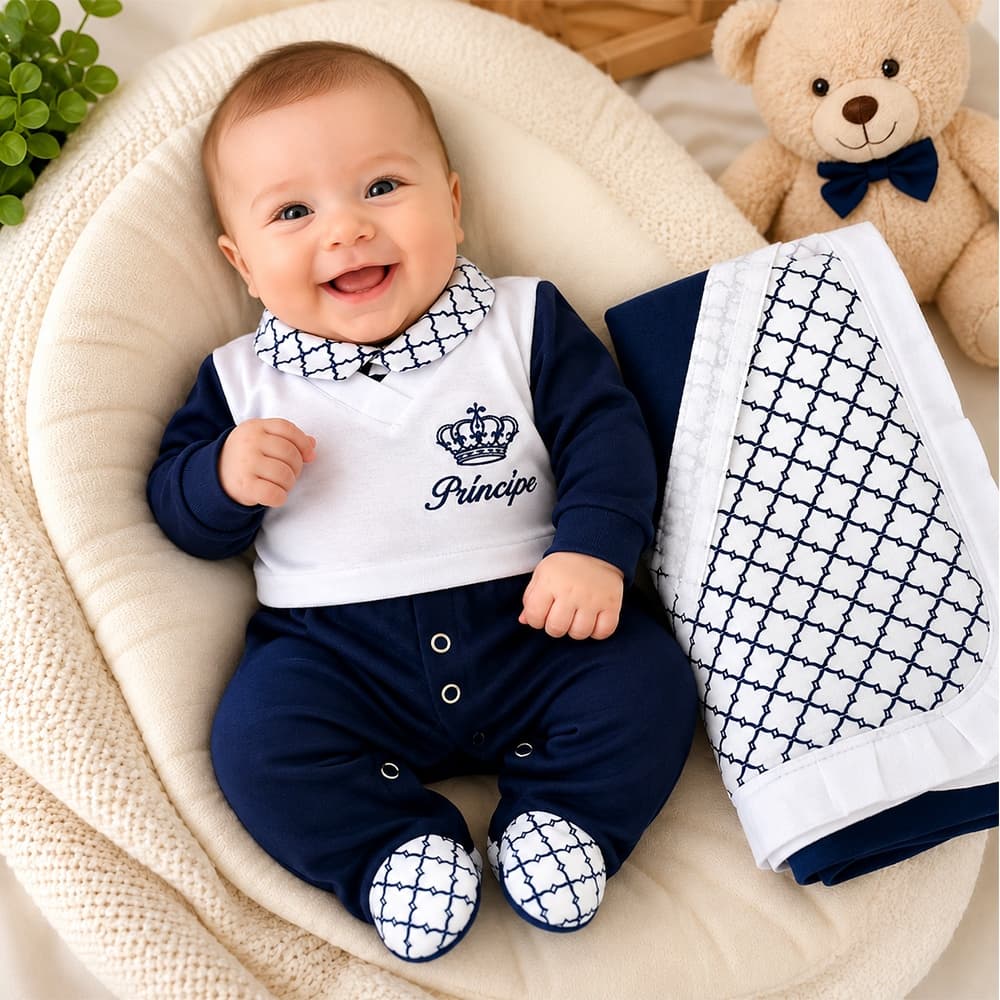 Saída de Maternidade Roupa Para Bebê Menino Príncipe Gabriel Marinho 05 Peças Baby
