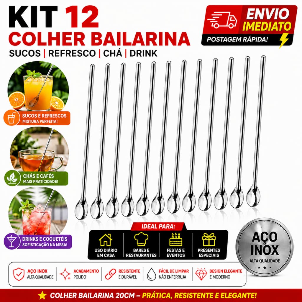 Kit 12 Colher Bailarina Suco Drink Chá Refresco Inox 20cm
