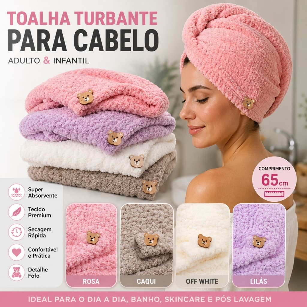 Toalha Touca Turbante Cabelo Microfibra Premium 65cm Secagem Rápida Super Absorvente Não Escorrega