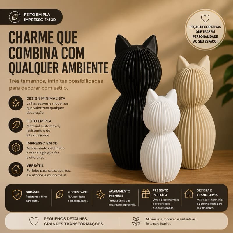 Escultura Decorativa Gato Minimalista | Decoração Moderna Impressa em 3D