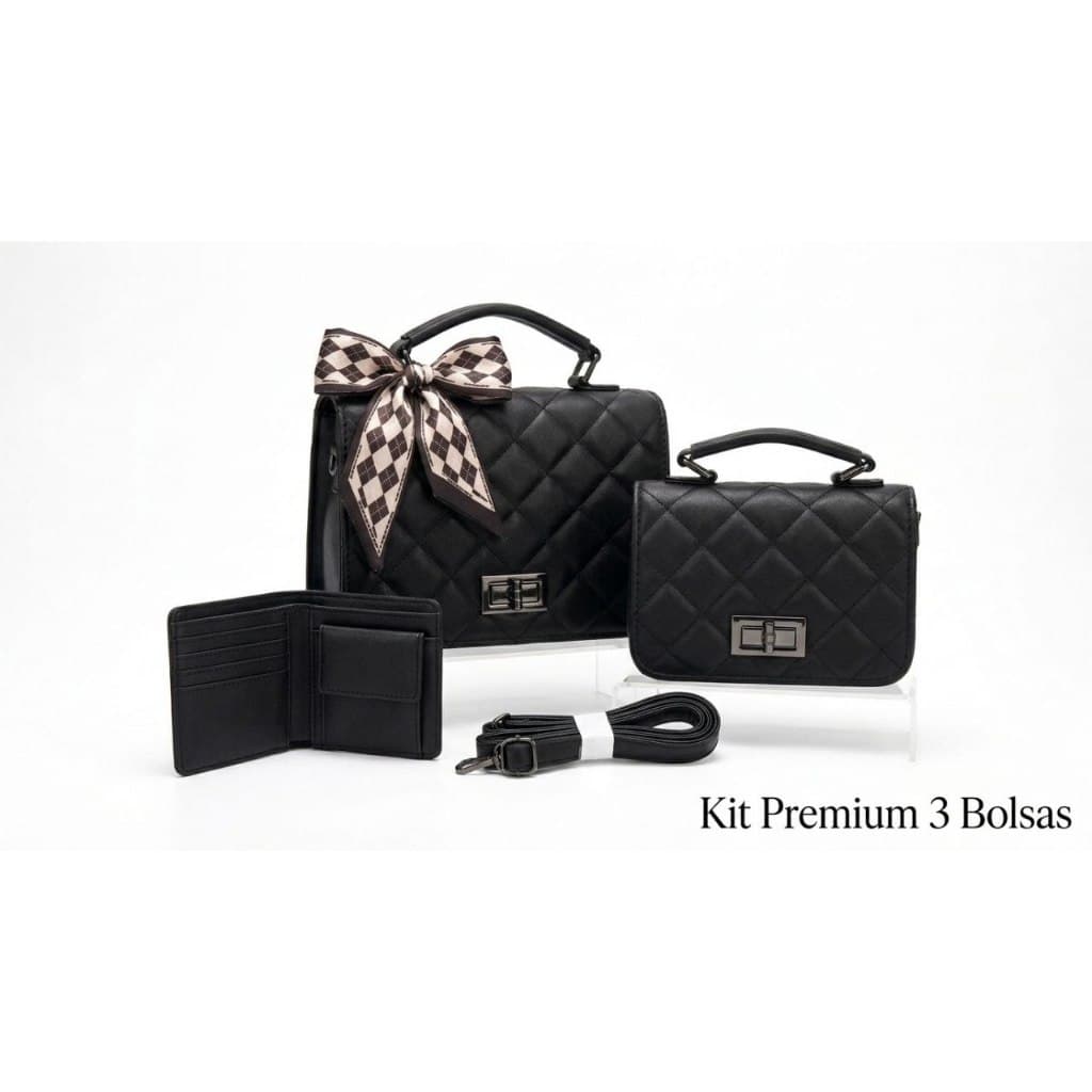 Kit Bolsa Feminina Premium 3 Peças Forever Best Luxo Matelassê Transversal + Bolsa Média + Carteira Elegante