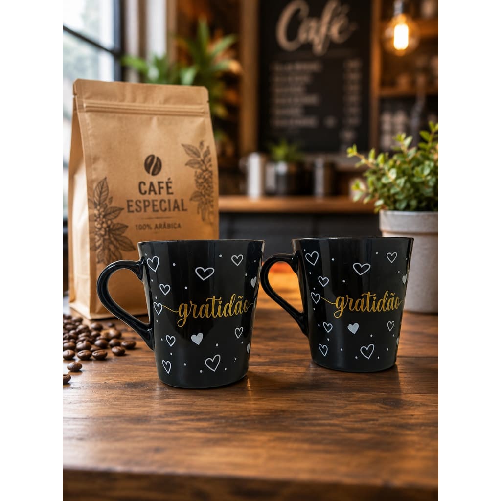 Kit Com 4 Xícara Premium Preta De Porcelana  Ideal Para Café Chá e Outras Bebidas 140 Ml Gratidão Frente E Verso!!