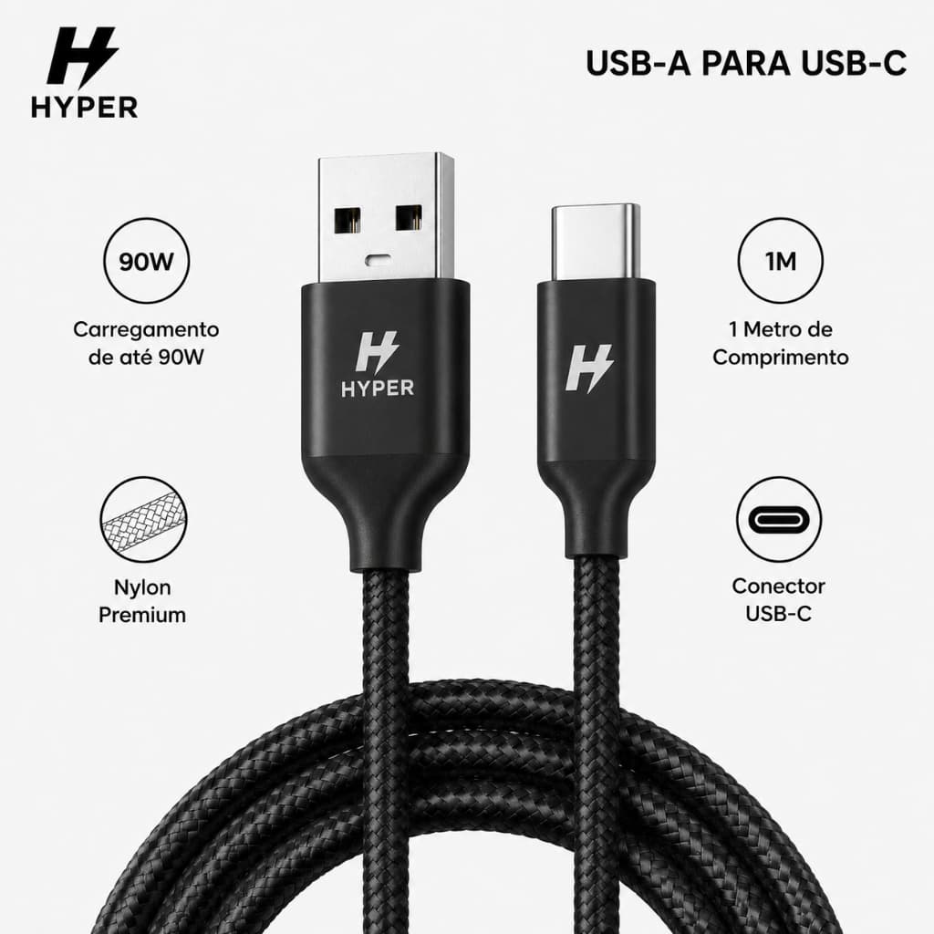 Cabo USB - TC Premium Nylon Reforçado, Transferencia de Dados, Carregamento Rapido Hyper - Envio Imediato