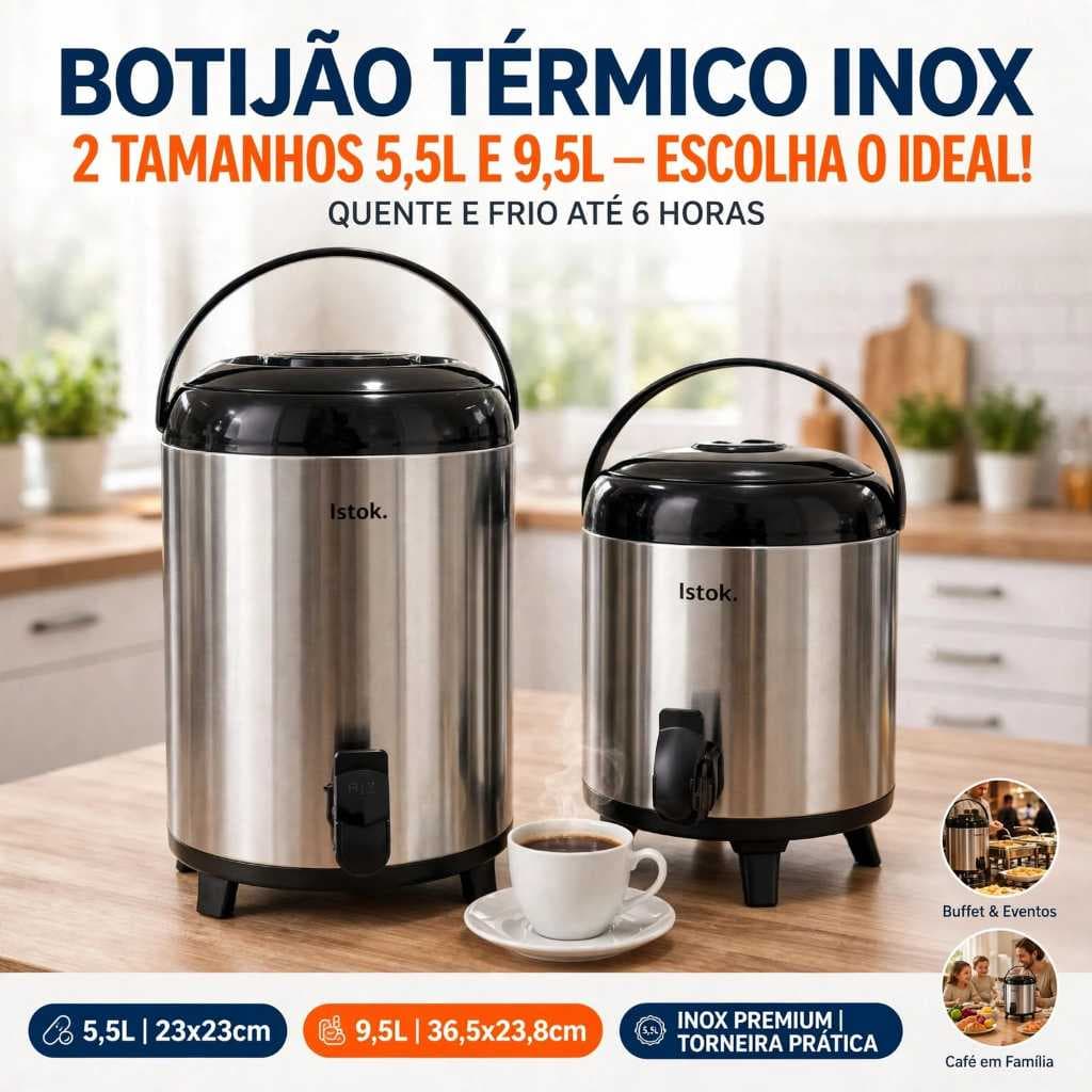 Botijão Térmico Inox 5,5L 9,5L Garrafa Térmica Grande Bebidas Quentes Frias Café Chá Água com Torneira