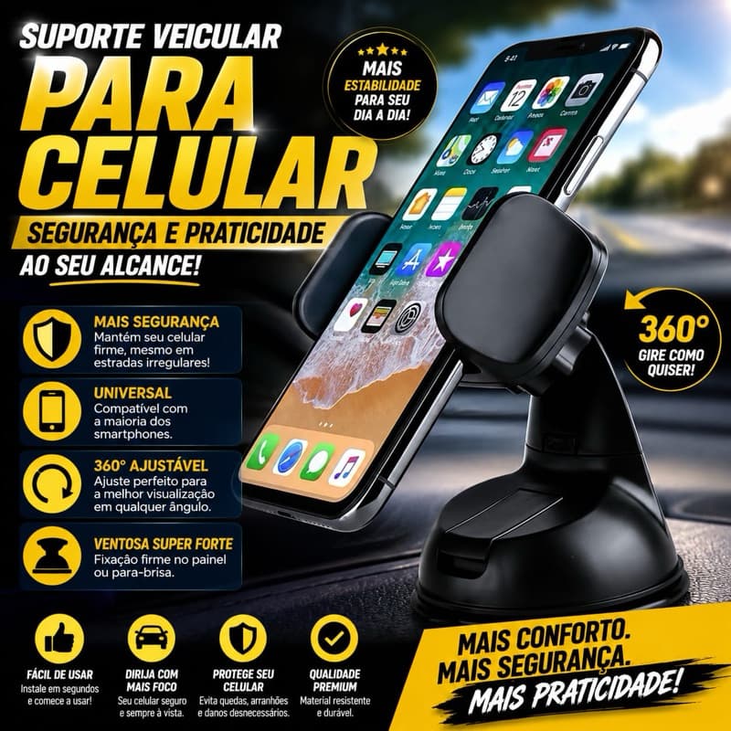 Suporte de Celular Veicular giratorio com ventosa forte e segurança para seu aparelho no transporte