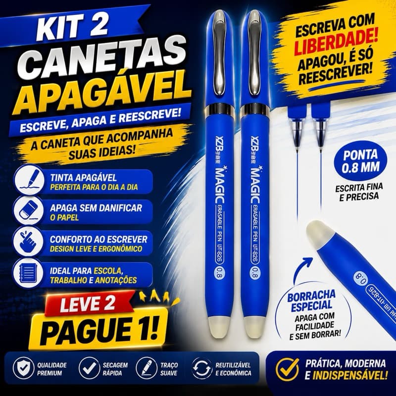Caneta apagável 2 unidades ponta fina azul para escrita eficiente e pratica no dia a dia para Escola Escritório