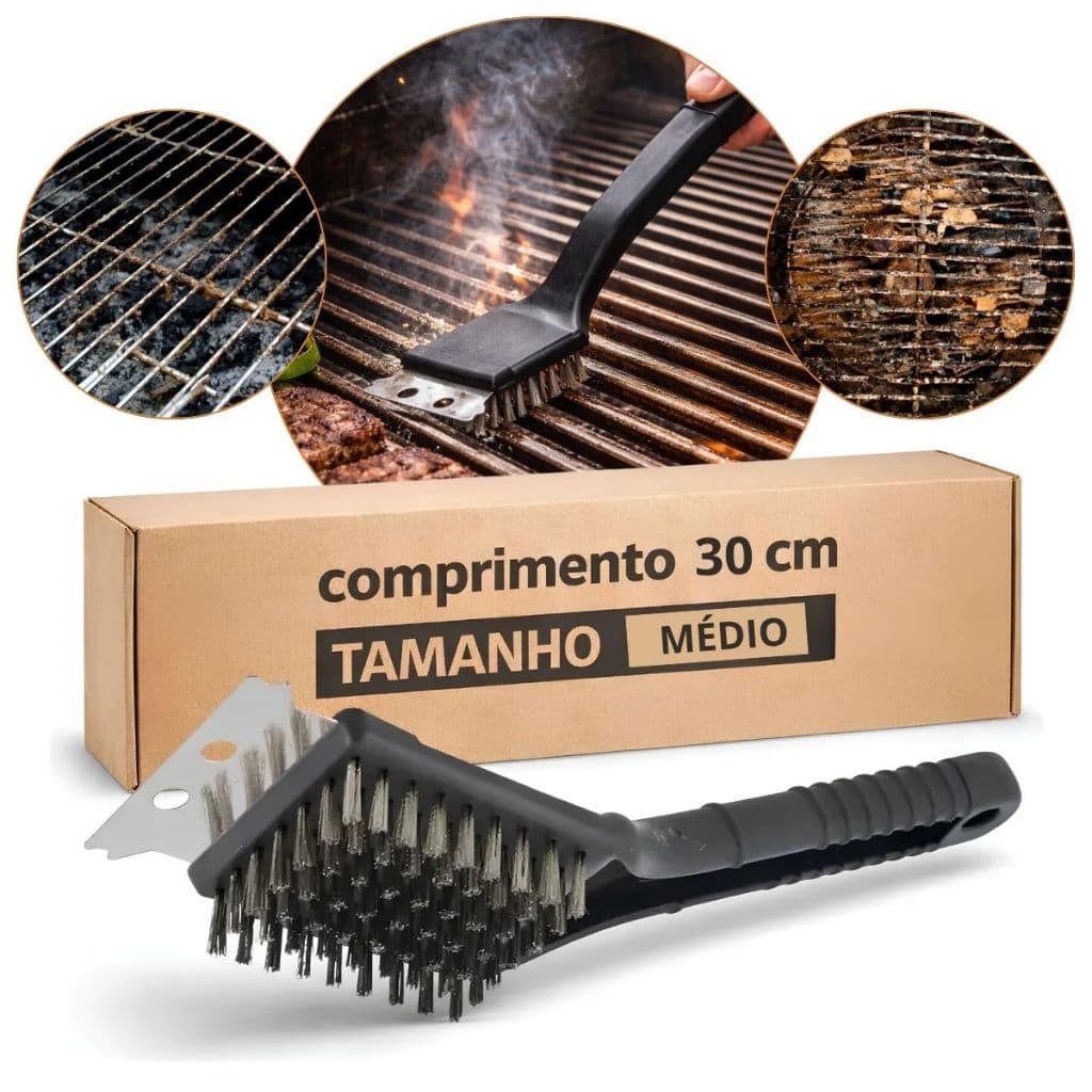 Escova Para Grelha Cerdas de Aço 30cm Original Line Limpa Grelha De Churrasqueira Com Raspador