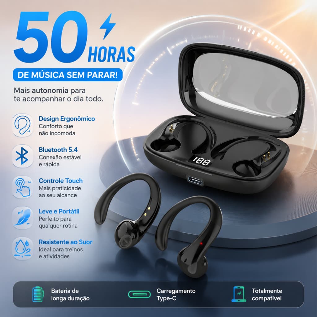 Fone Bluetooth 5.4 Sem Fio Esportivo com Display LED | 50 Horas de Bateria | Controle Touch | Som de Alta Qualidade