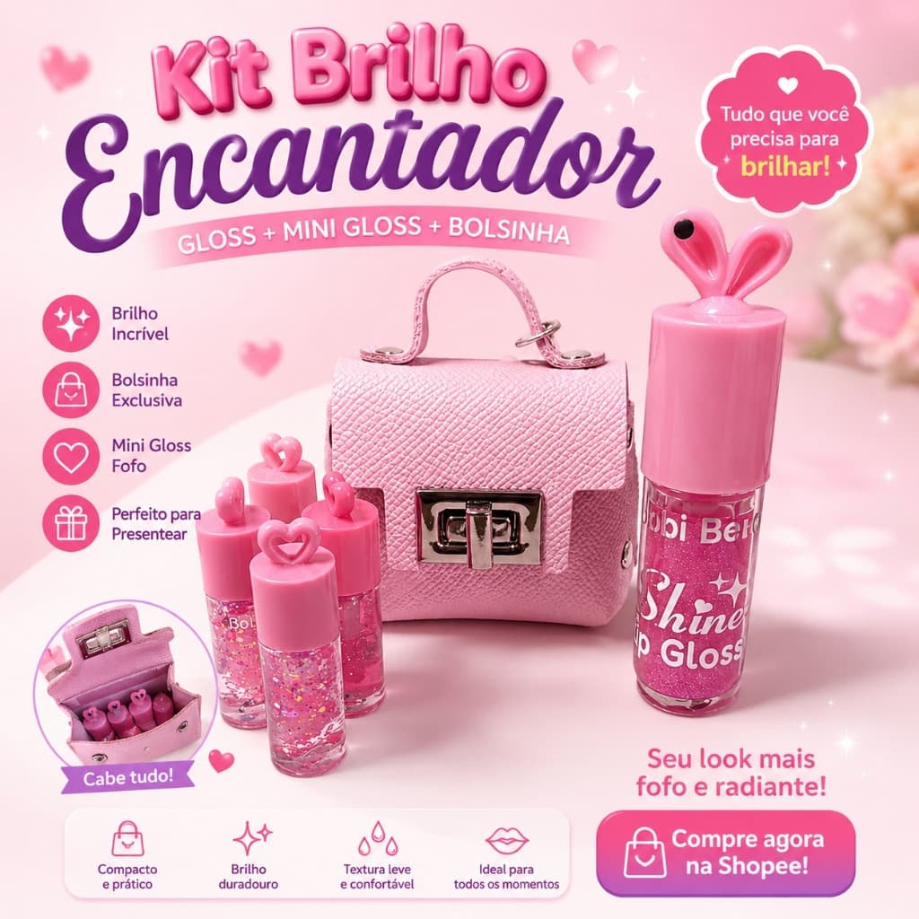 Kit Bobbi Rara Shiny Lips Kits Lip Gloss + Lip Oil + Mini Bolsinha