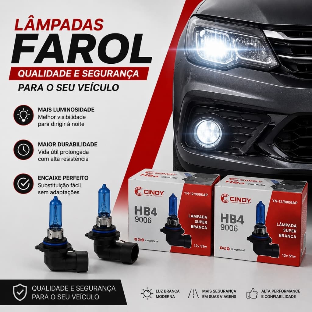 Par Lâmpadas Automotiva HB4 Super Branca Efeito Xenon Cinoy Farol Encaixe Padrão