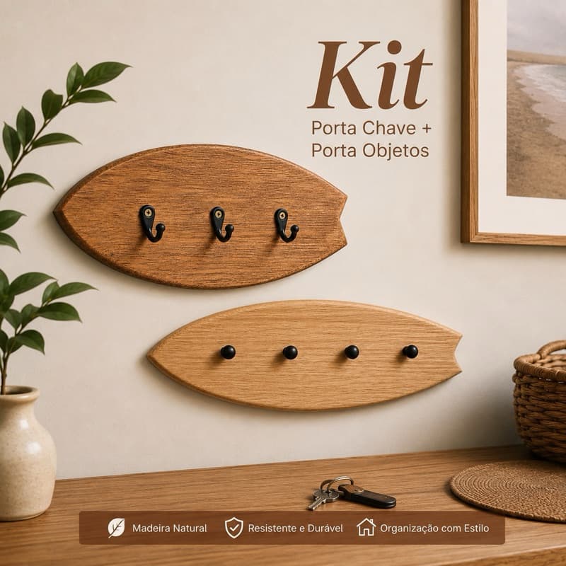 Kit Porta Chaves + Cabideiro Porta Objetos Prancha Surf em Madeira Decorativo
