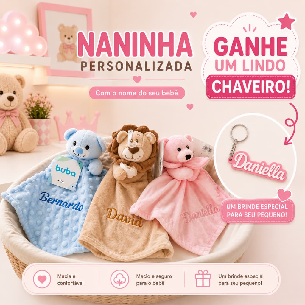 Naninha  Com Nome +CHAVEIRO BRINDE COM NOME Para Bebê Hipoalergênica Buba