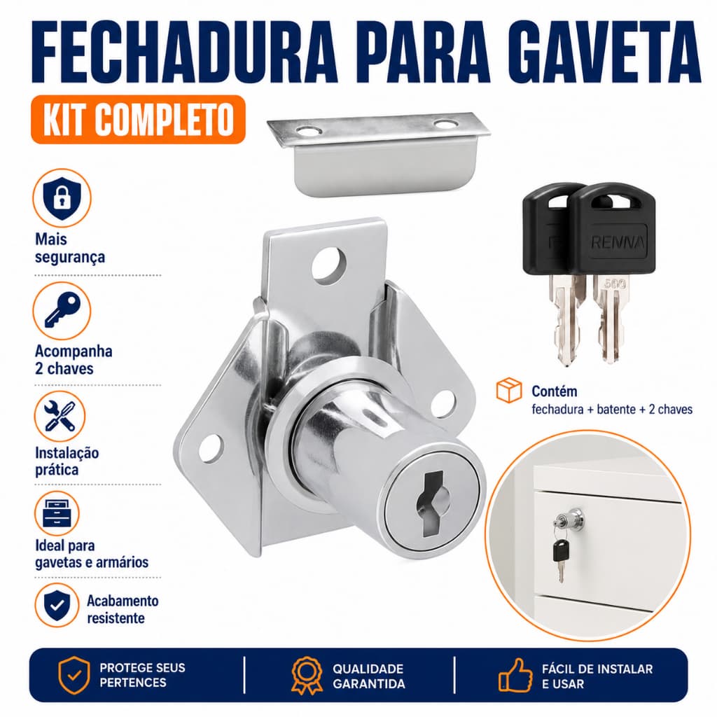 Fechadura Para Gaveta 22mm Completa Armário Chaves Batente Cromado