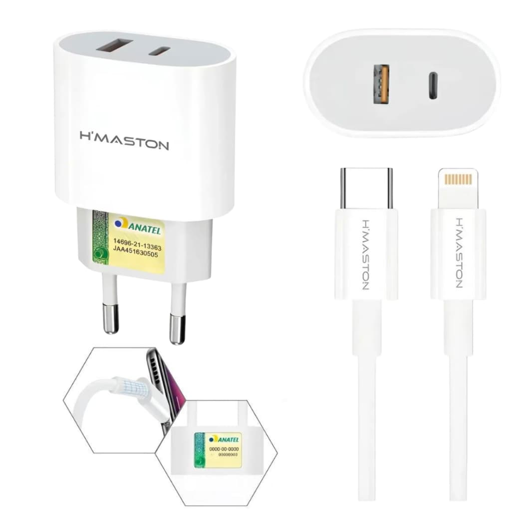 Carregador Turbo 50W H'Maston Original USB + USB-C Lightning para iPhone 11 12 13 14 Pro Max