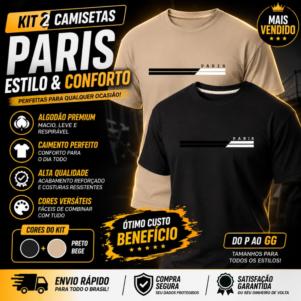 Kit 2 Camisas "Paris" Básicas 100% Algodão 30.1 Confortável Estilosa Unissex Promoção
