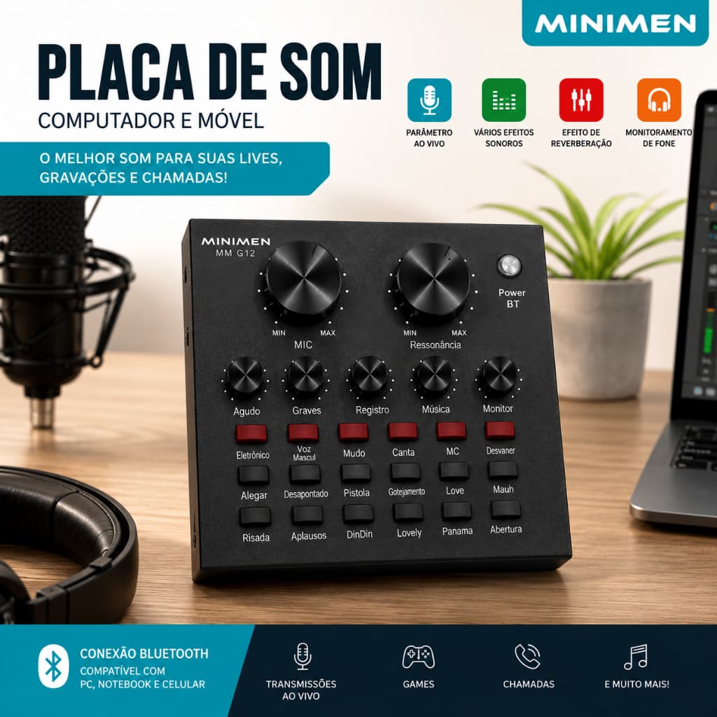 Placa de Som Interface de Áudio Bluetooth Minimem MM-673 para Live Podcast PC Celular Streaming