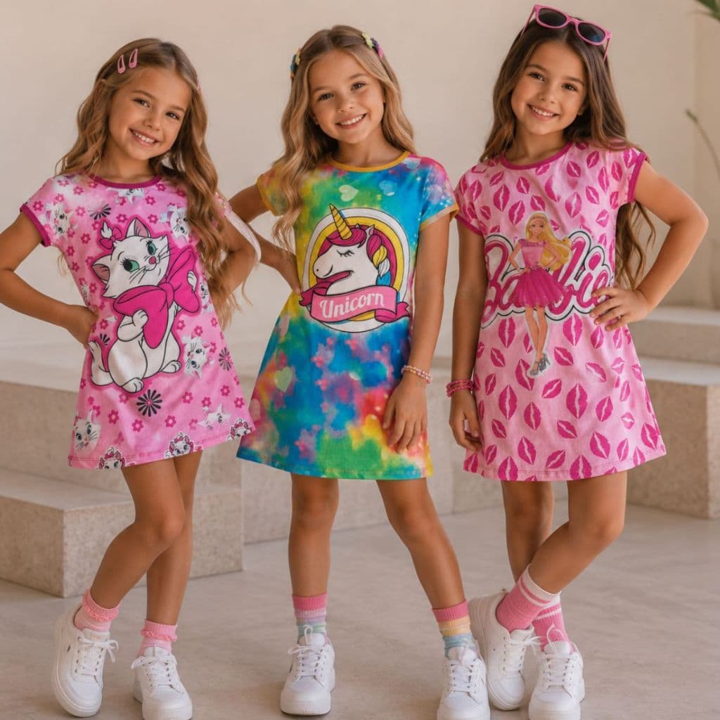 Vestido Infantil Menina Blogueirinha Tecido Leve do Tamanho 2 ao 10 Sortido | Vestido Temático | Vestido Menina Infantil