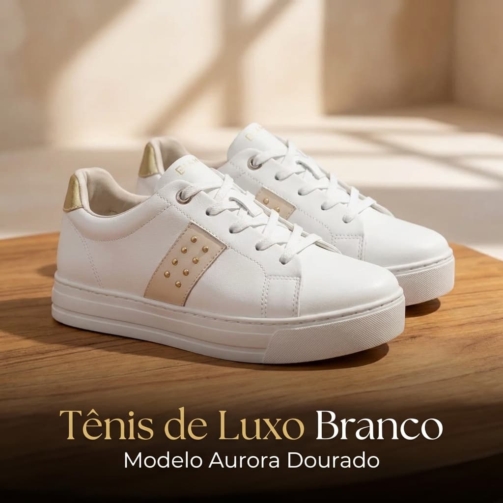 Tênis Feminino Branco Casual com Detalhes Dourados Confortável Moda Casual Aurora Luxo
