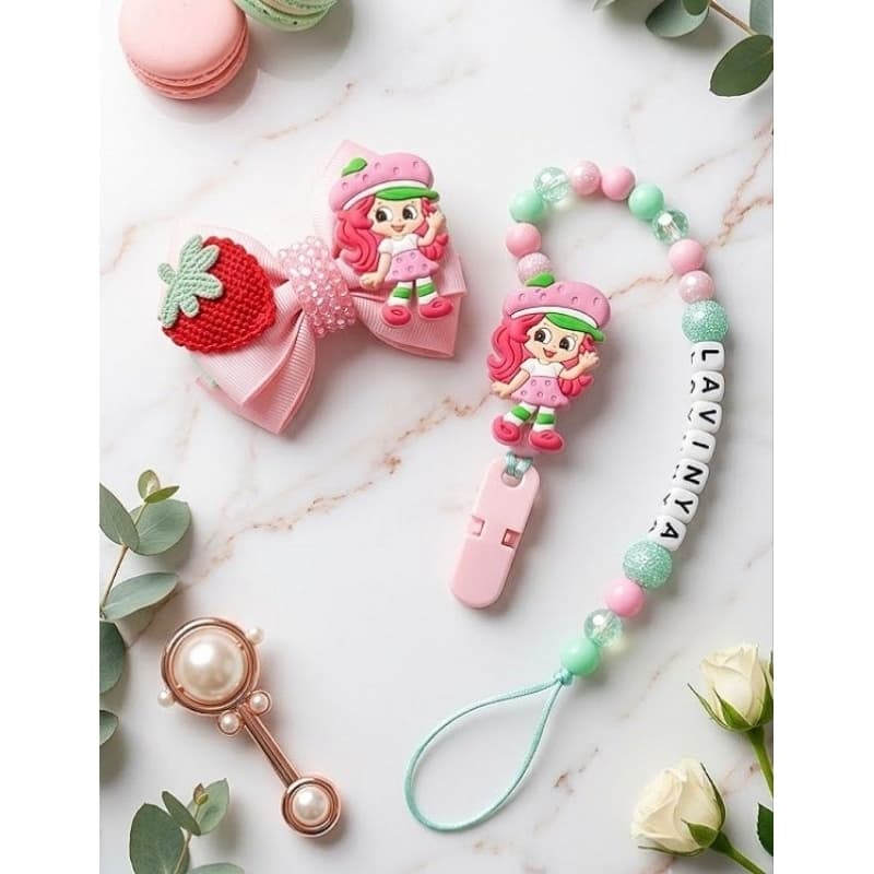 Prendedor de Chupeta Moranguinho e Faixinha para Bebê Luxo Rosa com Pérolas Prendedor Chupeta Personalizado Bebê Menina