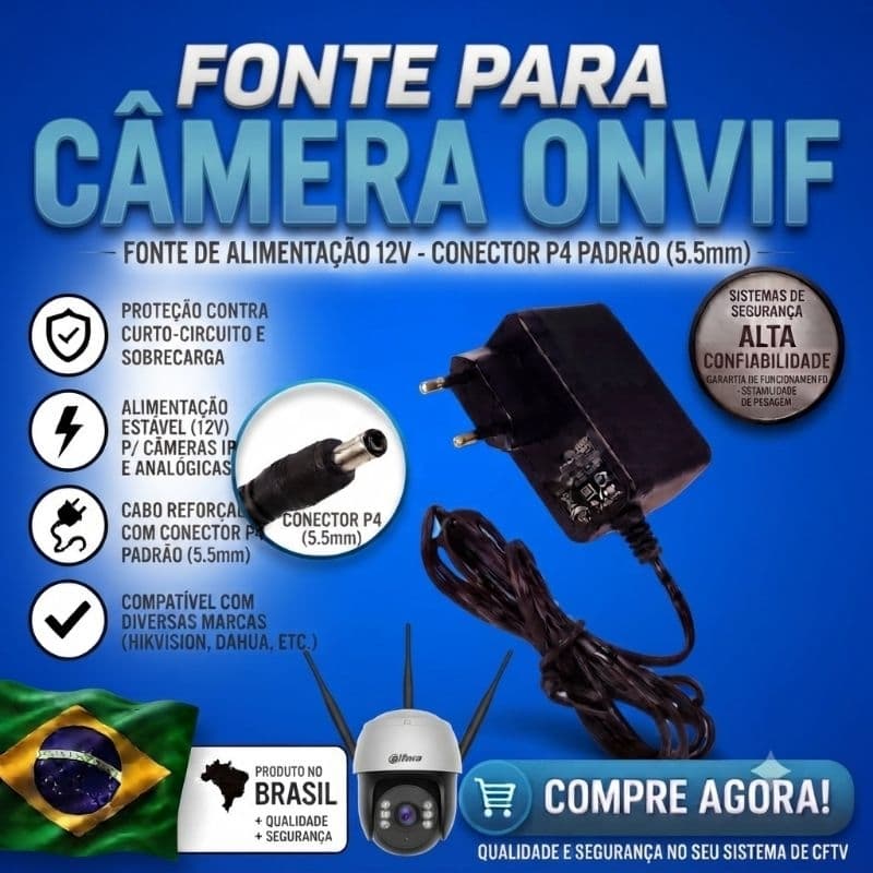 Fonte De Alimentação 12v 2a Para Câmera De Segurança Cftv Onvif - Conector P4 Padrão (5.5mm)