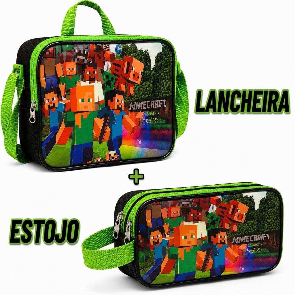 Kit Lancheira Térmica + Estojo Minecraft Infantil Escolar 2 Peças