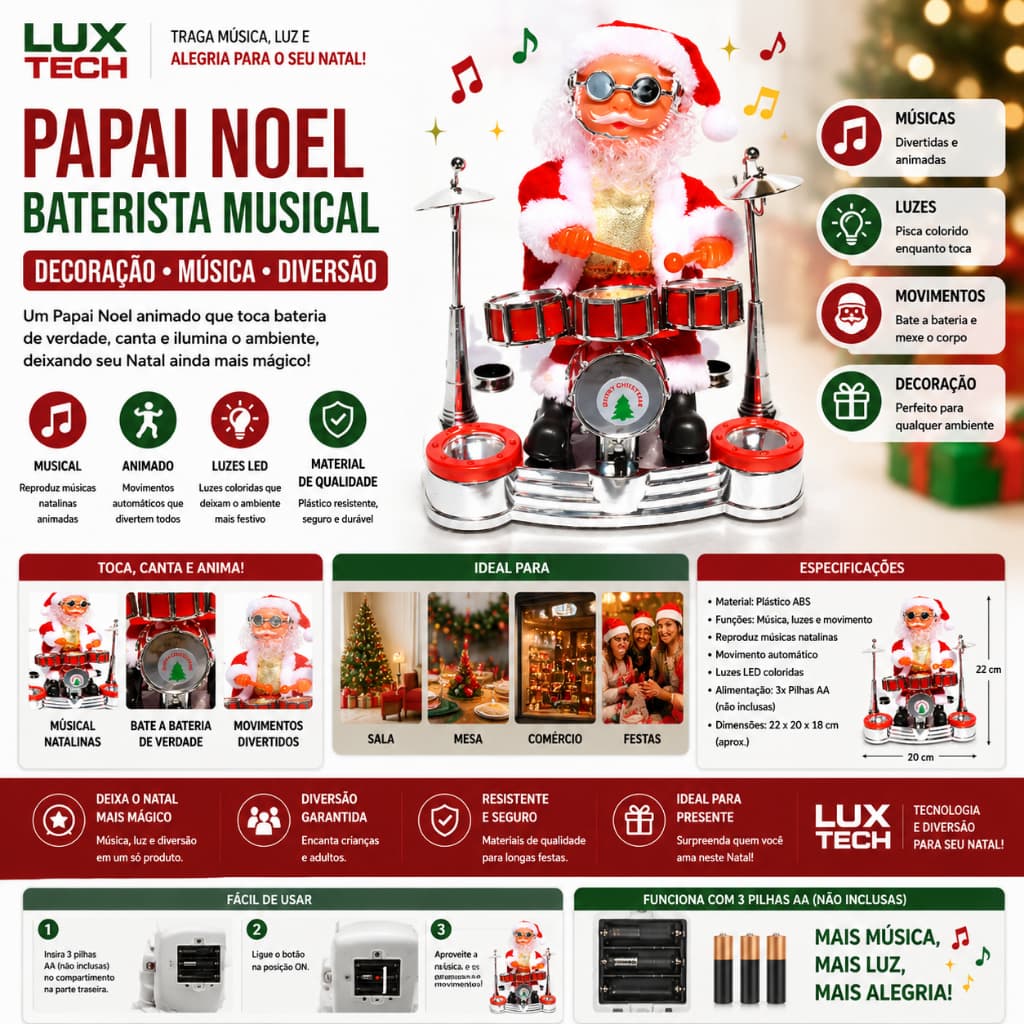Papai Noel Musical Baterista Decoração Natal Diversão
