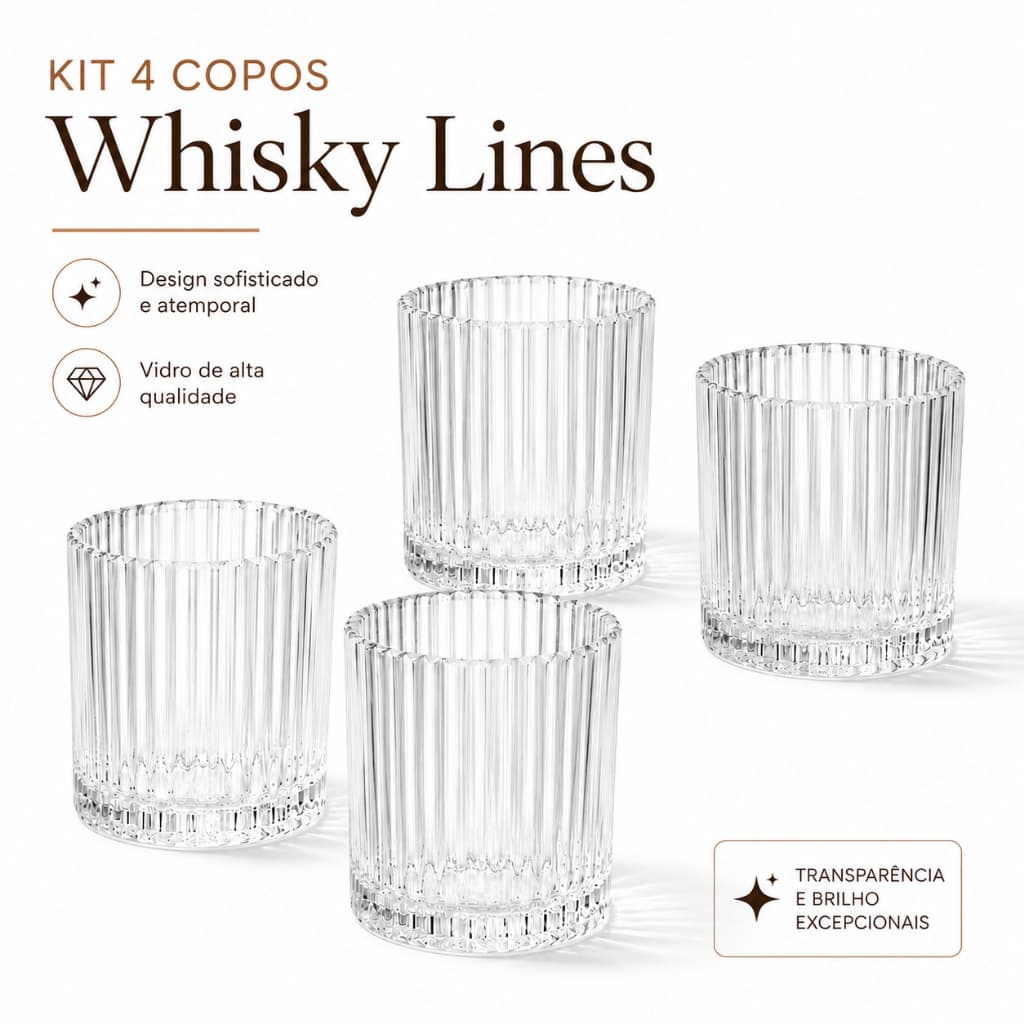 Jogo 4 Copos Baixos de Vidro Canelado 340ml Whisky Lines para Drink Água Suco Negroni Rum Coquetel Bar e Festa
