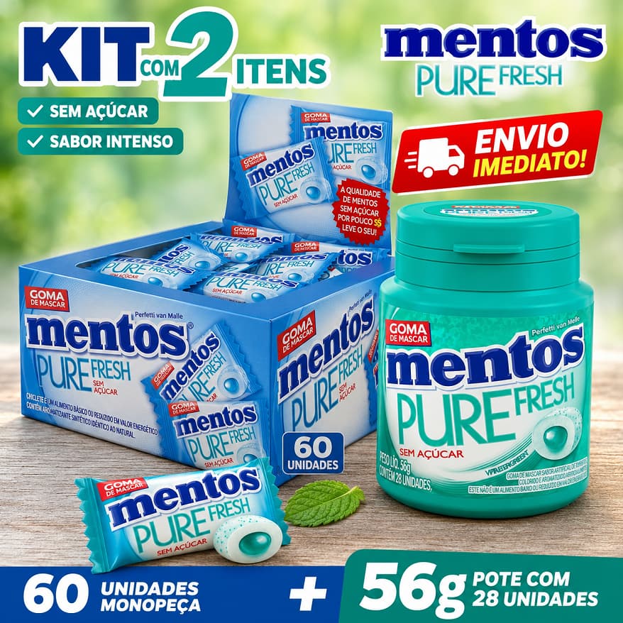 Kit Mentos Pure Fresh Sem Açúcar Wintergreen 56g Pote + Chiclete Mentos Monopeça Caixa 60 Unidades